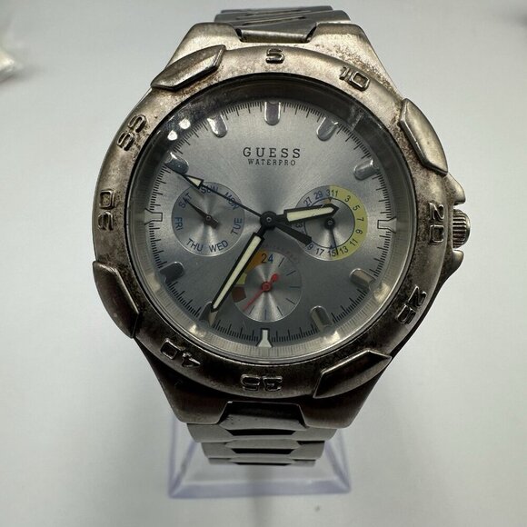 Guess Waterpro Watch Men Silver Tone 38MM Multi Dial Day Date New Battery 8" - Picture 2 of 13